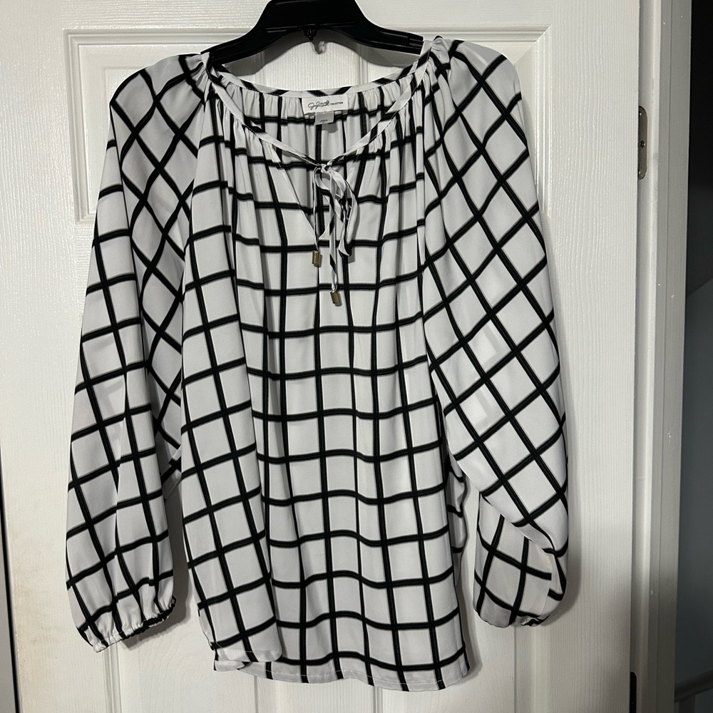Vintage Jaclyn Smith Collection Women's White Black Grid Peasant Blouse
